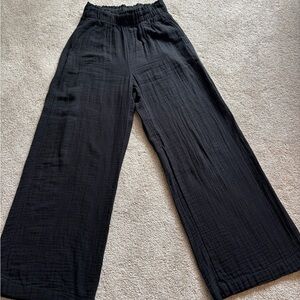 Black casual crinkle cotton gauze wide leg pant